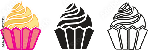 Three variations of a sweet cupcake icon, including a colorful illustration, a solid black silhouette, and a simple outline drawing.