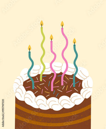 Poster with chocolate cake decorated with cream and birthday candles. Ideal for greeting cards, invitations, party supplies, social media posts, printable crafts etc. Vector illustratration