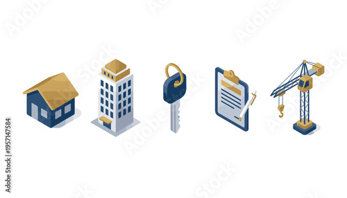 Real Estate Property and Construction Isometric Icons Set Modern Graphic Design