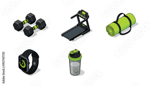 Fitness Isometric Icon Set Featuring Gym Workout Equipment and Smart Health Tracking Devices on White Background