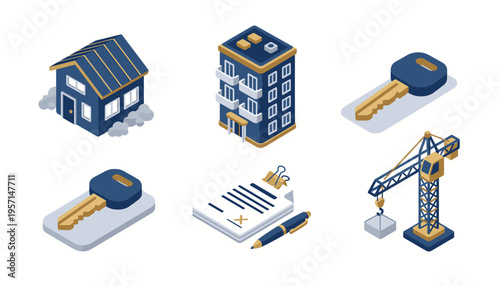 Real Estate and Construction Isometric Icon Set with House Apartment Key Contract and Crane