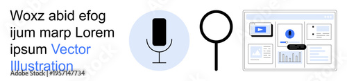 Voice recognition, data visualization, online analytics, technology, research tools, UI design. Microphone, magnifying glass and digital interface with charts. Voice recognition and data