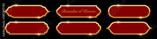 Ramadan frames. Islamic frames with gold borders shown as red decorative labels in traditional Arabian shapes. Set of banners for Ramadhan and oriental festive design. Luxury vector illustration