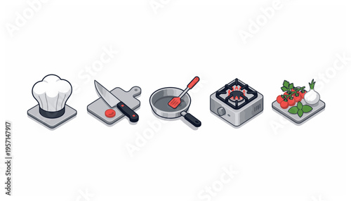 Cooking Kitchen Food Elements Isometric Icon Set Illustration
