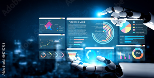 Wallpaper Mural A robotic hand interacts with various data charts and graphs in a high-tech digital setting, showcasing advanced analysis and visualization technologies for business insights. Ledger Torontodigital.ca