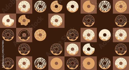 Assortment of Delicious Donuts with Various Toppings and Frostings on a Brown Background