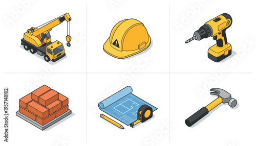 Construction Building Tools and Equipment Isometric Icon Set