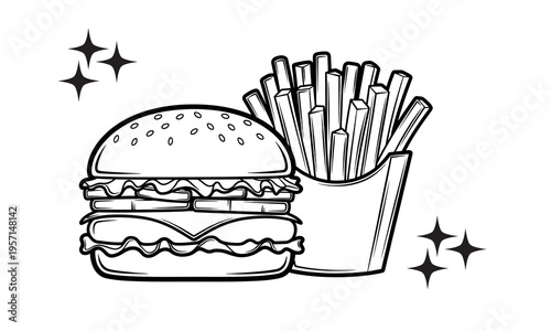 Silhouette of delicious double decker burger and fries tasty food