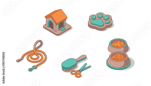 Pet Care Isometric Icons Set with Dog House Paw Print Leash and Food Bowls