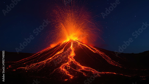 A powerful volcano erupts at night, sending glowing lava and fiery bursts into a dark blue sky, with molten streams cascading down its slopes in a dramatic natural display