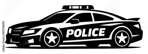 Police car icon showing a modern patrol vehicle in a black and white silhouette, symbolizing law enforcement and public safety