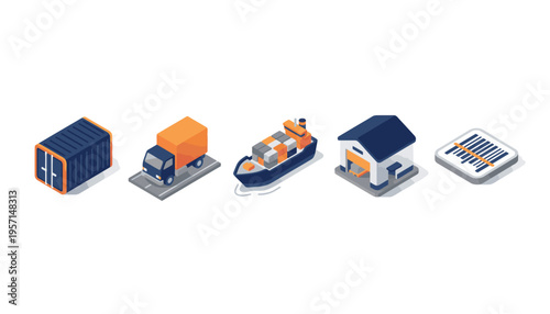 Logistics and Shipping Isometric Icons Featuring Container Truck Ship Warehouse Barcode
