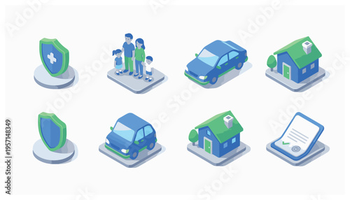 Insurance Protection Isometric Icon Set Representing Health Family Auto and Home Policies