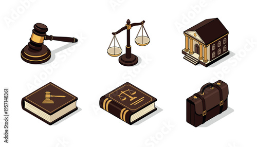 Law and Justice Isometric Icons Set Featuring Legal Symbols on White Background