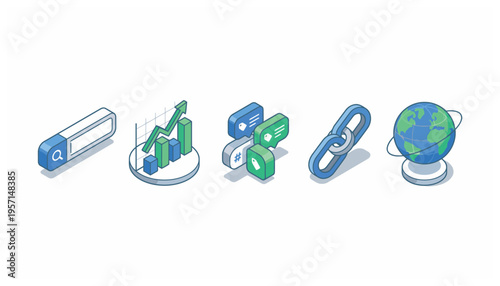 Digital Marketing Isometric Icons Set with Search Bar Analytics Chart Social Media Link and Globe