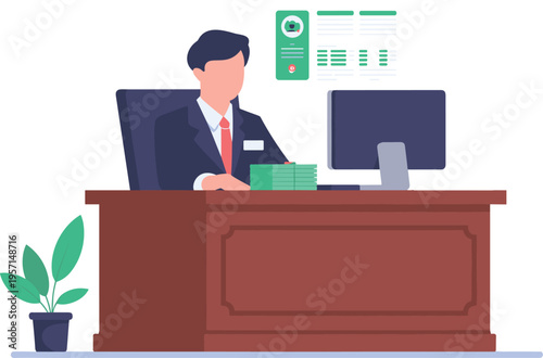 Professional businessman or bank teller sitting at office desk with computer and cash, finance and corporate management vector illustration isolated