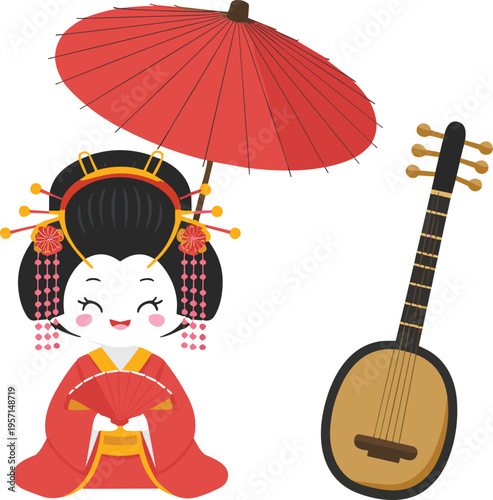 Kawaii Japanese geisha illustration with umbrella and shamisen, traditional Japan culture, cute cartoon character, vector design element set