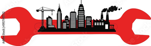 City skyline with buildings and construction elements on a red wrench