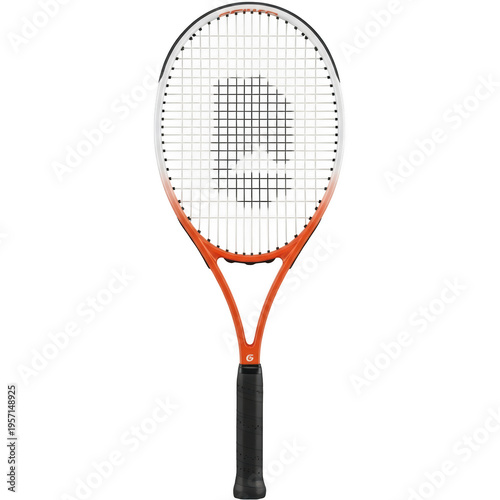 An orange and black tennis racket with a white string isolated on transparent background