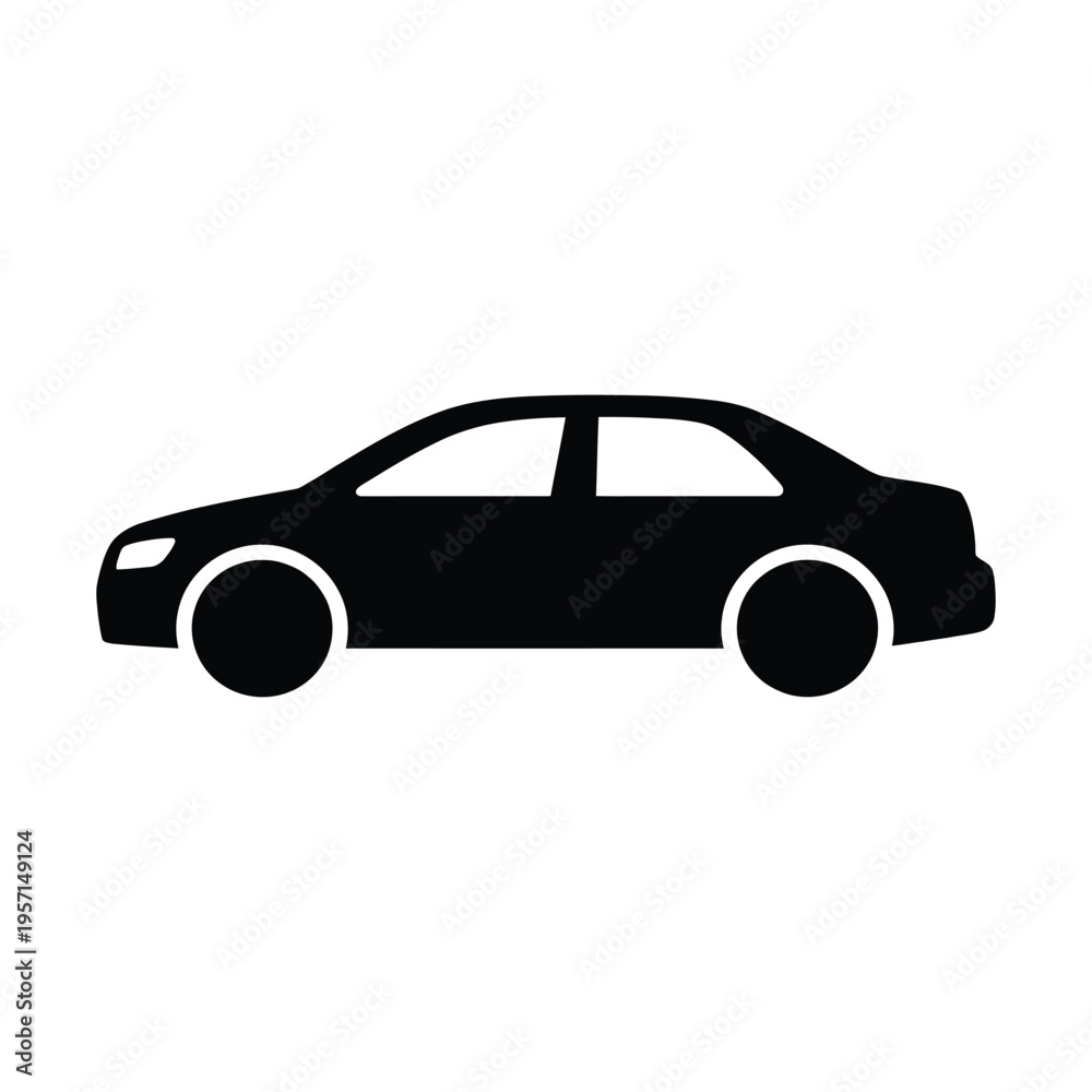 Fototapeta premium A minimalist black silhouette of a sedan car shown from a side view isolated on a white background