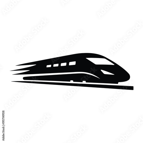 A minimalist black silhouette icon of a high speed bullet train moving quickly on a white background