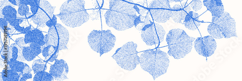 Cyanotype stipple birch leaves and branch overlay. Vector soft blue wallpaper for template, graphic design projects, artworks