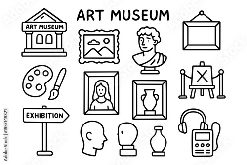 art museum outline icons set in minimalist line art vector style with sculptures and paintings