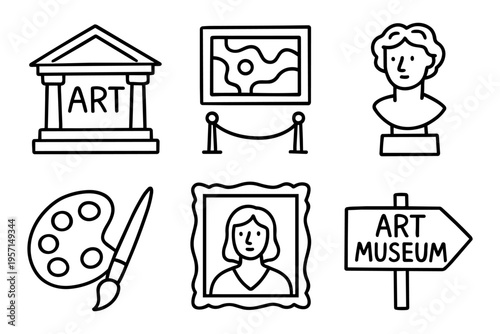 art museum outline icons set in minimalist line art vector style with sculptures and paintings