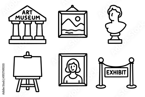 art museum outline icons set in minimalist line art vector style with sculptures and paintings
