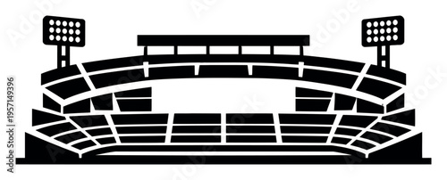 Stadium silhouette illustrating an arena with tiered seating, field, and bright spotlights for sports events or entertainment