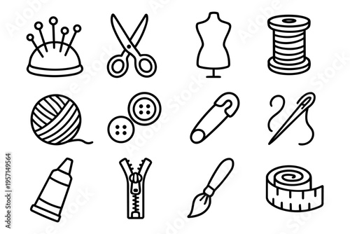 Sewing tools outline icons set in minimalist line art vector style with tailoring and craft elements