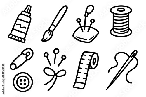 Sewing tools outline icons set in minimalist line art vector style with tailoring and craft elements