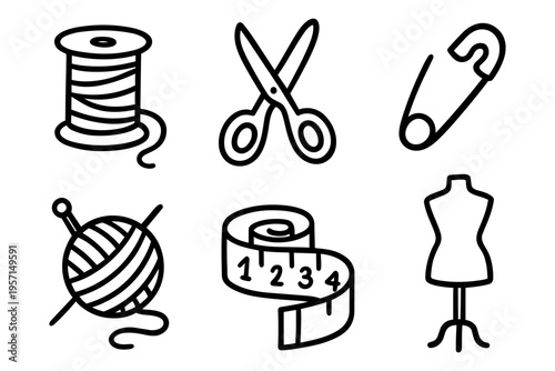 Sewing tools outline icons set in minimalist line art vector style with tailoring and craft elements