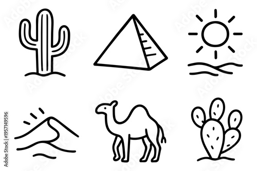 Desert outline icons set in minimalist line art vector style with cactus, camel and landscape elements