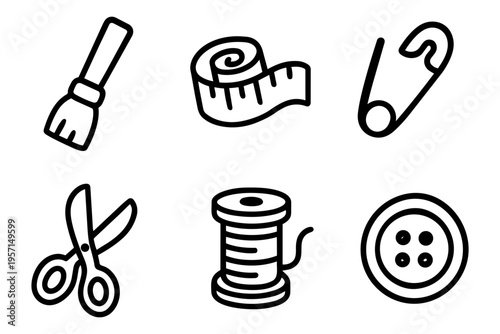 Sewing tools outline icons set in minimalist line art vector style with tailoring and craft elements