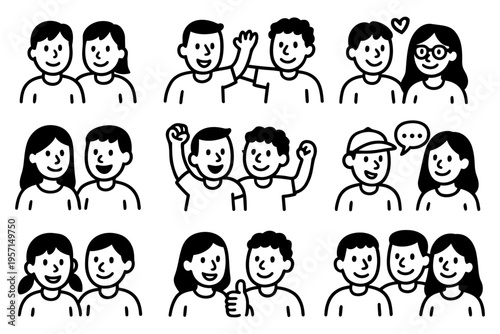 Friends people outline icons set in minimalist line art vector style with friendship and social interaction characters
