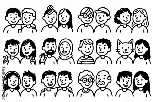 Friends people outline icons set in minimalist line art vector style with friendship and social interaction characters