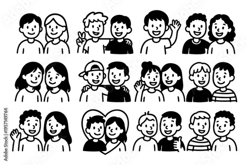 Friends people outline icons set in minimalist line art vector style with friendship and social interaction characters