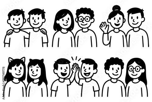 Friends people outline icons set in minimalist line art vector style with friendship and social interaction characters