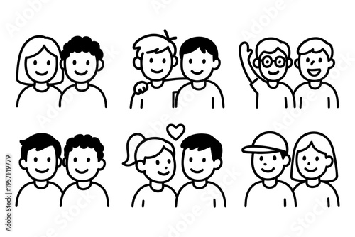 Friends people outline icons set in minimalist line art vector style with friendship and social interaction characters