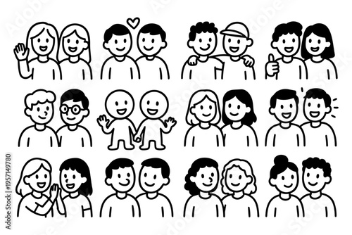Friends people outline icons set in minimalist line art vector style with friendship and social interaction characters