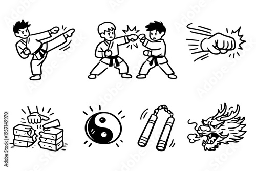 Kung fu martial arts outline icons set in minimalist line art vector style with asian fighting elements