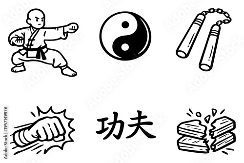 Kung fu martial arts outline icons set in minimalist line art vector style with asian fighting elements