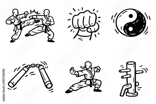 Kung fu martial arts outline icons set in minimalist line art vector style with asian fighting elements