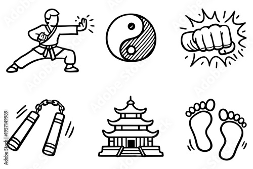 Kung fu martial arts outline icons set in minimalist line art vector style with asian fighting elements