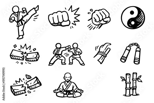 Kung fu martial arts outline icons set in minimalist line art vector style with asian fighting elements