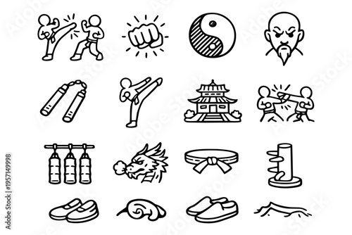 Kung fu martial arts outline icons set in minimalist line art vector style with asian fighting elements