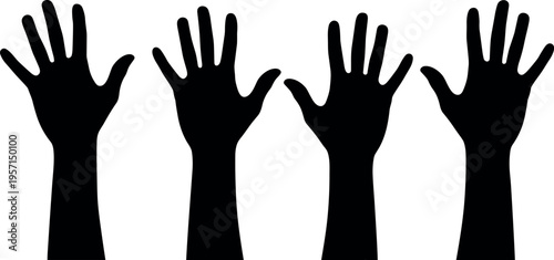 Raised hands silhouettes vector set showing human arms reaching upward, gesture collection isolated on light background for protest support teamwork and participation design