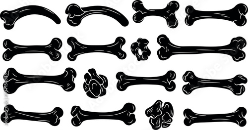 Set of black cartoon bone silhouettes in various shapes and sizes, spooky Halloween design elements, pet chew toy concept, isolated vector illustration collection