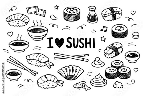 Sushi food outline icons set in minimalist doodle line art style with rolls, nigiri, chopsticks and japanese cuisine elements